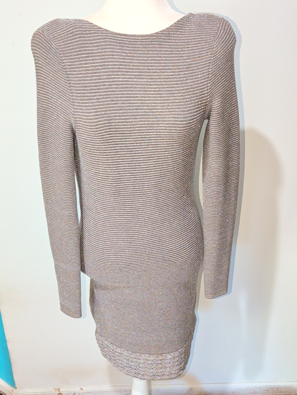 Moda International Gray Ribbed Long-Sleeve Knit Dress w/Silver Threading